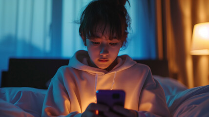 Teenage girl in a hoody looking down at her smartphone.