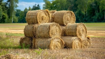 Fototapeta premium Closeup view of dry crop hay bale stack up in farm land field