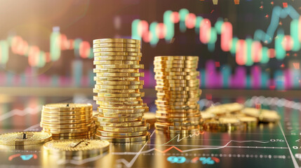 A radiant, illuminated scene of stacked bitcoins against dynamic market charts, symbolizing the pulsating world of digital currency trading.