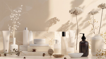 A serene display of minimalist skincare products is elegantly arranged among dried botanicals on a radiant surface, evoking purity and simplicity.