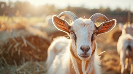 Obraz premium Goat on hay in field in a farm