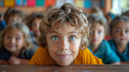 A young boy with curly blonde hair sits at a desk in a classroom, leaning forward with an inquisitive look on his face. He is surrounded by his peers, some of whom are out of focus in the background