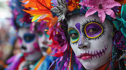 Woman wearing day of the dead make up at a celebration in Mexico city.