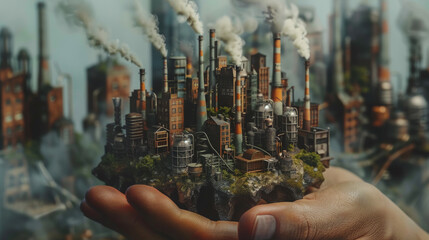 A hand presents a small section of an industrial city with smoking factories, symbolizing growth and environmental challenges.