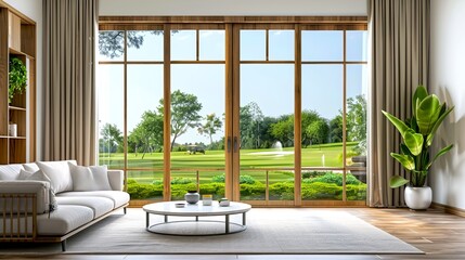Fototapeta premium Modern living room with cozy furniture and large windows showcasing a beautiful garden view. Stylish and elegant interior photo