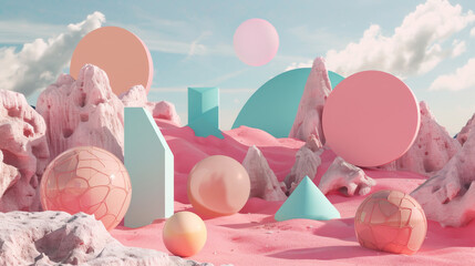 A vivid, whimsical landscape of pastel-colored geometric shapes and surreal environments under a bright sky filled with fluffy clouds.