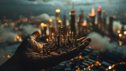 Hand cradling a detailed mini city illuminated against a dreamy, bokeh-lit urban background, blending human creativity with the essence of a bustling metropolis.