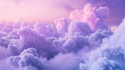 Fototapeta premium Delicate, fluffy clouds gather and billow in vibrant shades of pink and purple, evoking a whimsical, otherworldly ambiance.