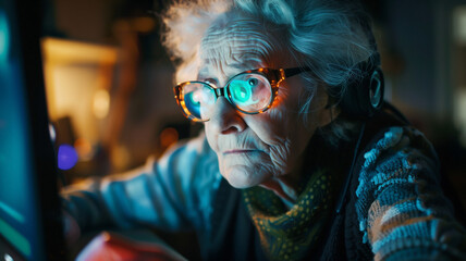 Obraz premium Elderly woman playing video games with gaming screens reflected in his glasses.