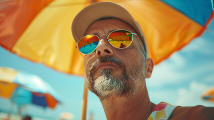 Attractive man with beard and sunglasses sitting under an umbrella on the beach.