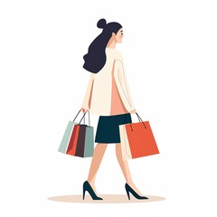 Flat vector illustration of beautiful woman shopping with shopping bag