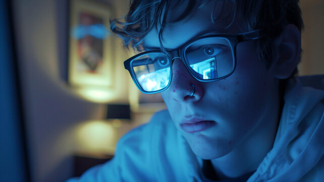 Close up of gen-z teenage male looking at his computer screen with an image of the screen reflected in her glasses while surrounded by blue and teal light.