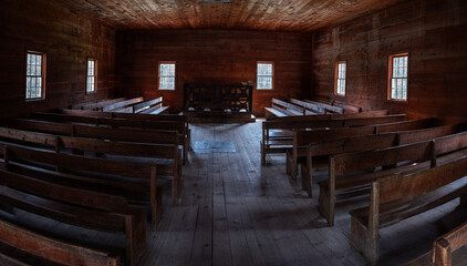 The interior of an old church or school house