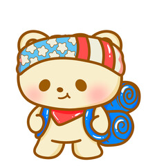 Hand drawn illustration kawaii bear american 4th of july party celebration USA Independence Day Doodle cute animal national isolated elements on white background going hiking