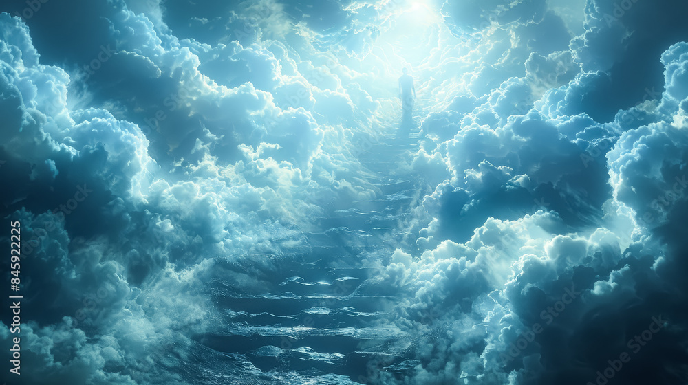 Poster a person is walking up a set of stairs in the clouds. the sky is filled with clouds and the person i
