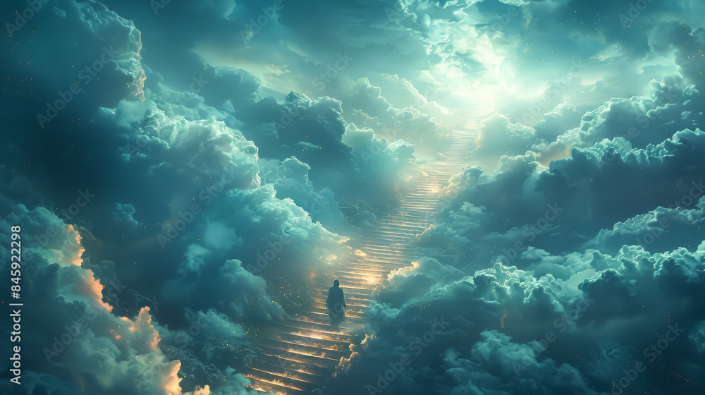 Poster a person is walking up a set of stairs in the clouds. the sky is filled with clouds and the person i