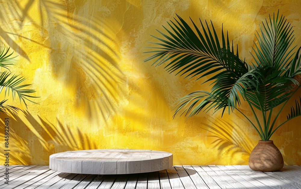 Poster a yellow wall with a large palm tree and a small round table with a vase on it