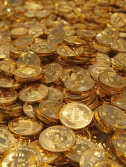 A pile of gold bitcoins stacked on top of each other, perfect for financial or cryptocurrency-themed contexts