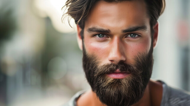 Close up of a handsome rugged male model with blue eyes smoldering for the camera.