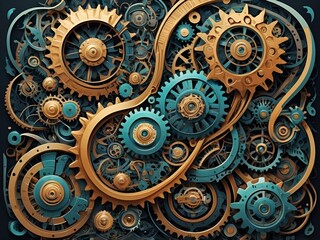 Striking steampunk gears and cogs in blue and gold, showcasing precision and complexity in mechanical engineering design, Generative AI