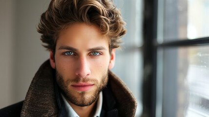 Close up of a handsome rugged male model with blue eyes smoldering for the camera.