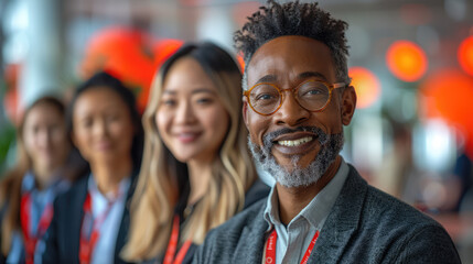 A diverse group of students attentively listening to a teacher in a modern classroom, with digital devices in use