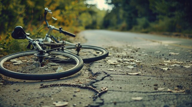 A bicycle lies abandoned on a paved road in a rural setting. The road is lined with trees and covered in fallen leaves.