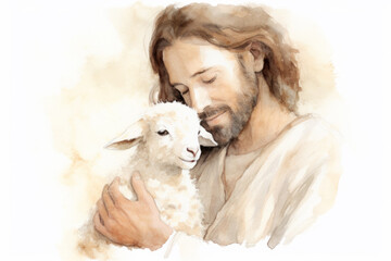 Shepherd Jesus Christ Taking Care of One Missing Lamb Watercolor Illustration Isolated 