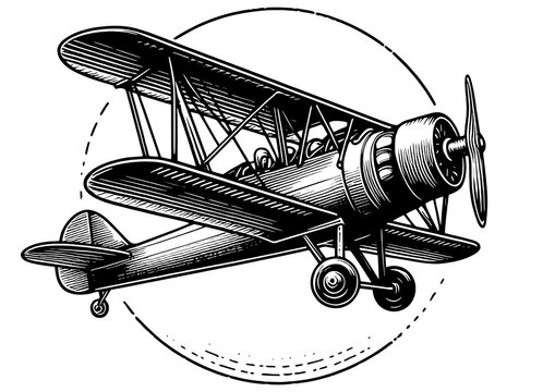 recommend clip art: biplane vintage plane, reminiscent of early aviation history sketch engraving generative ai PNG illustration. Scratch board imitation. Black and white image.