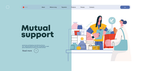 Mutual Support: Bringing groceries to food bank -modern flat vector concept illustration of people donating food to food pantry A metaphor of voluntary, collaborative exchanges of resource, services