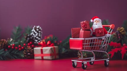 Christmas shopping concept mini red shop cart trolley with santa claus toy and gift box purple background