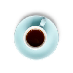 Tasty coffee in cup isolated on white, top view
