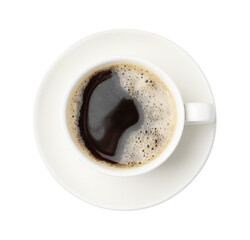 Tasty coffee in cup isolated on white, top view