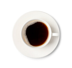 Tasty coffee in cup isolated on white, top view