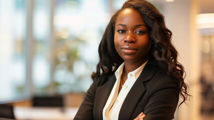 Confident young African-American female lawyer looking at the camera with a modern office backdrop.