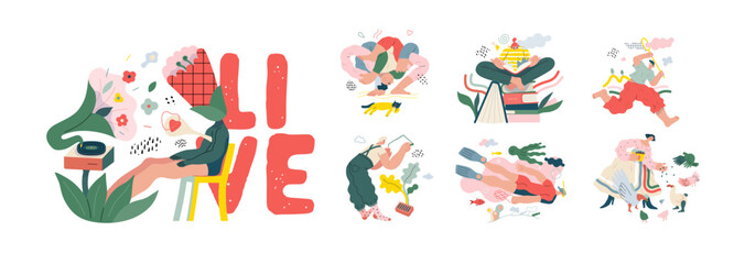 Life Unframed: Cloud catcher -modern flat vector concept illustrations set of everyday life. Metaphor of unpredictability, imagination, whimsy, cycle of existence, play, growth, discovery