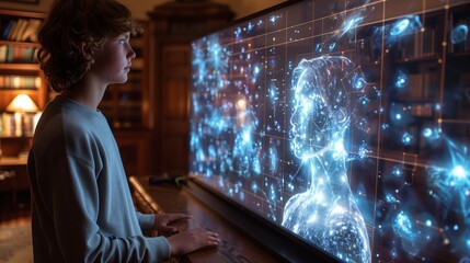A young student participates in a holographic mentorship session, gazing intently at a large screen displaying a virtual mentor.