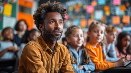 Fototapeta premium A diverse group of students attentively listening to a teacher in a modern classroom, with digital devices in use