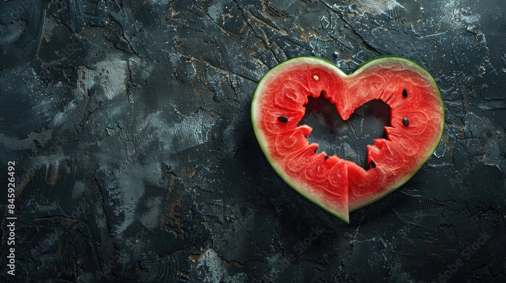 Poster watermelon with a heart shaped cut out on a dark background ample space for text view from above