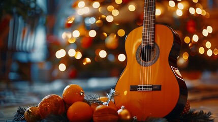 Christmas tree christmas gift at home and orange guitar