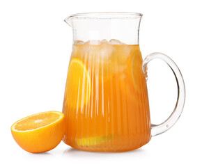 Freshly made lemonade in jug and orange isolated on white
