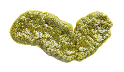 Sample of tasty pesto sauce isolated on white, top view