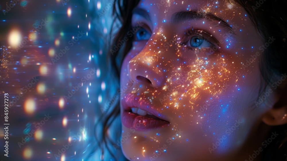 Poster a womans face is covered in a shimmering, holographic display of light, creating a futuristic and ma