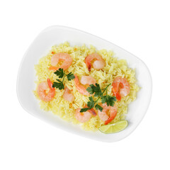 Delicious risotto with shrimps, lime and parsley isolated on white, top view