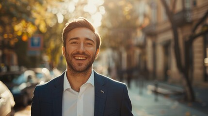 Young smiling successful businessman wearing grey suit and white shirt outdoors in the city street