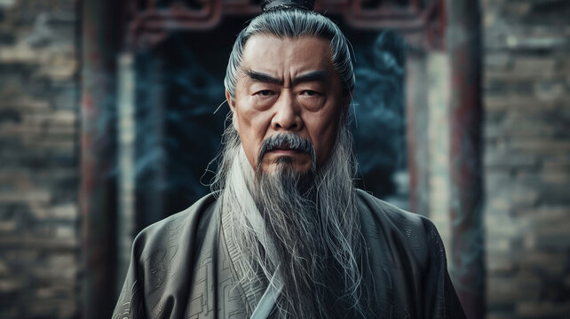 Portrait of Confucius with long flowing beard in front of a temple.