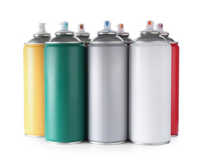Many spray paint cans isolated on white