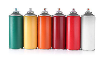 Many spray paint cans isolated on white