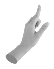 Woman's hand pointing at something on white background. Black and white effect