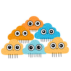 Cartoon colored funny clouds with legs with big white round eyes in doodle style, children's illustration. 